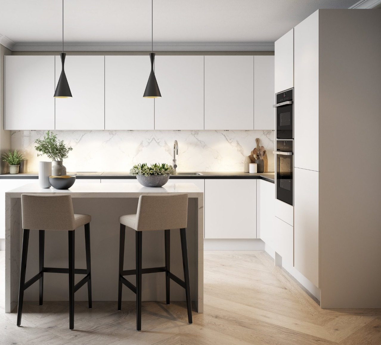 Daval Light Handleless Kitchen With Island Edited 1 | Eat Soak Sleep, Rugby