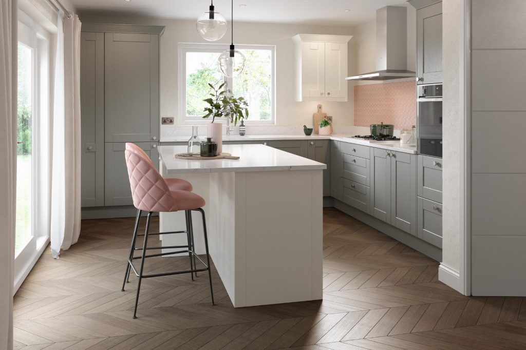 Shaker Kitchens Warwick | Modern German Shaker Kitchens by Eat Soak Sleep - Daval Grey Shaker L Shaped Kitchen | Eat Soak Sleep, Rugby